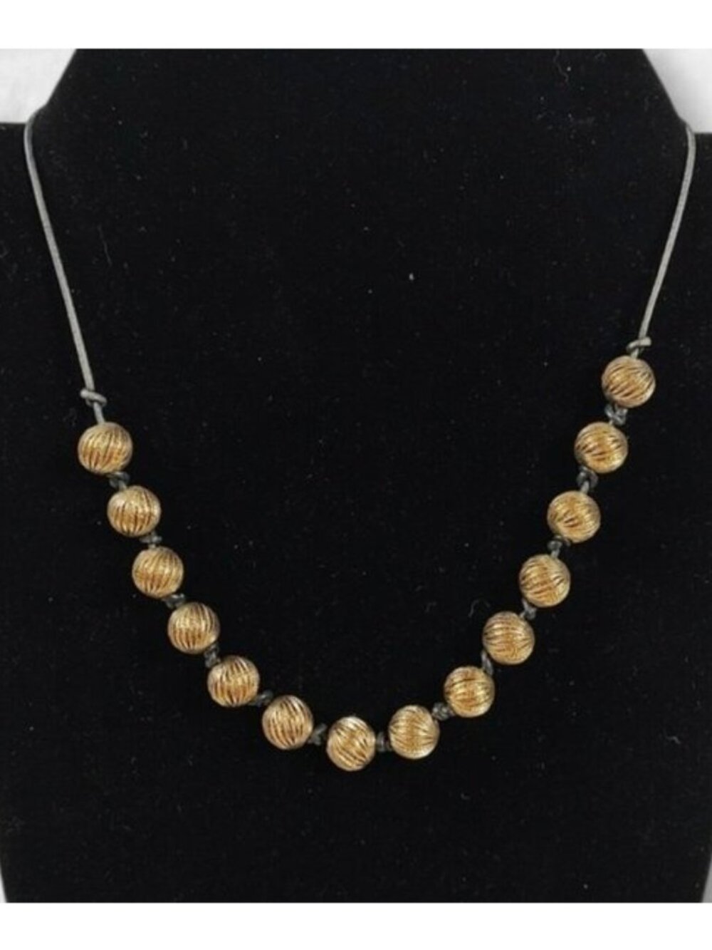 Vintage Monet Brass Round Bead Black Cord Necklace